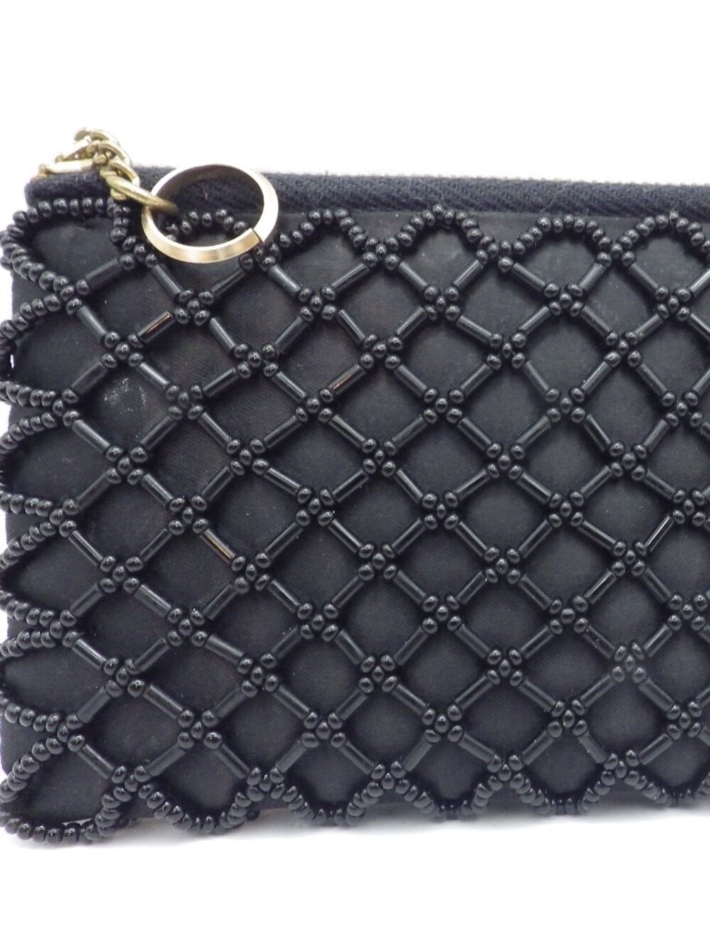 Vintage Black Beaded Change Purse with Chain & Ring/ Bag Tag